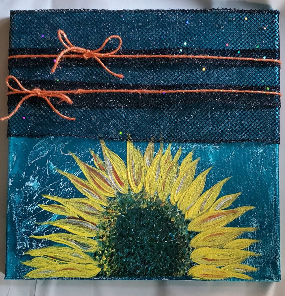 Sunflowers & Lace = $35 12 x 12" Heavy Body Acrylic Mixed Media on Canvas